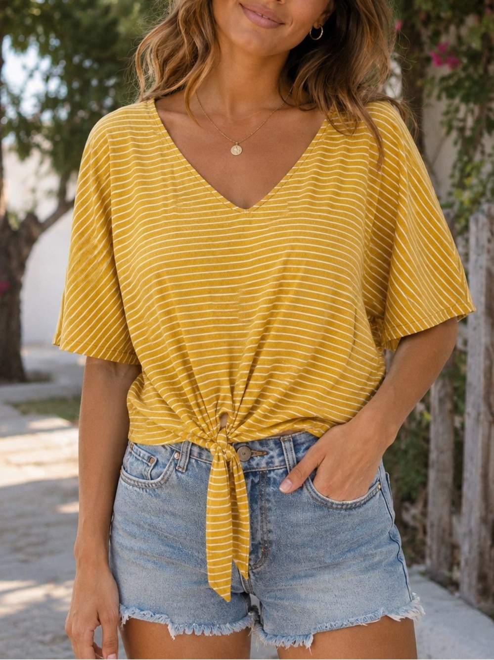 Umgee Mustard Yellow Striped V Neck Tie Front Top Boho Stretch Casual Shirt SML